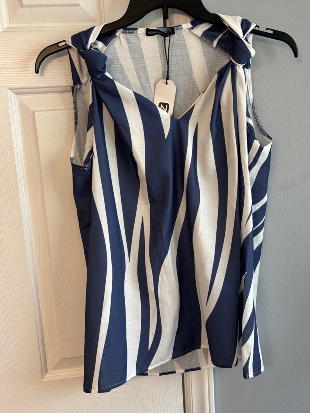 Noracora Navy and White Striped Knot-Shoulder Top